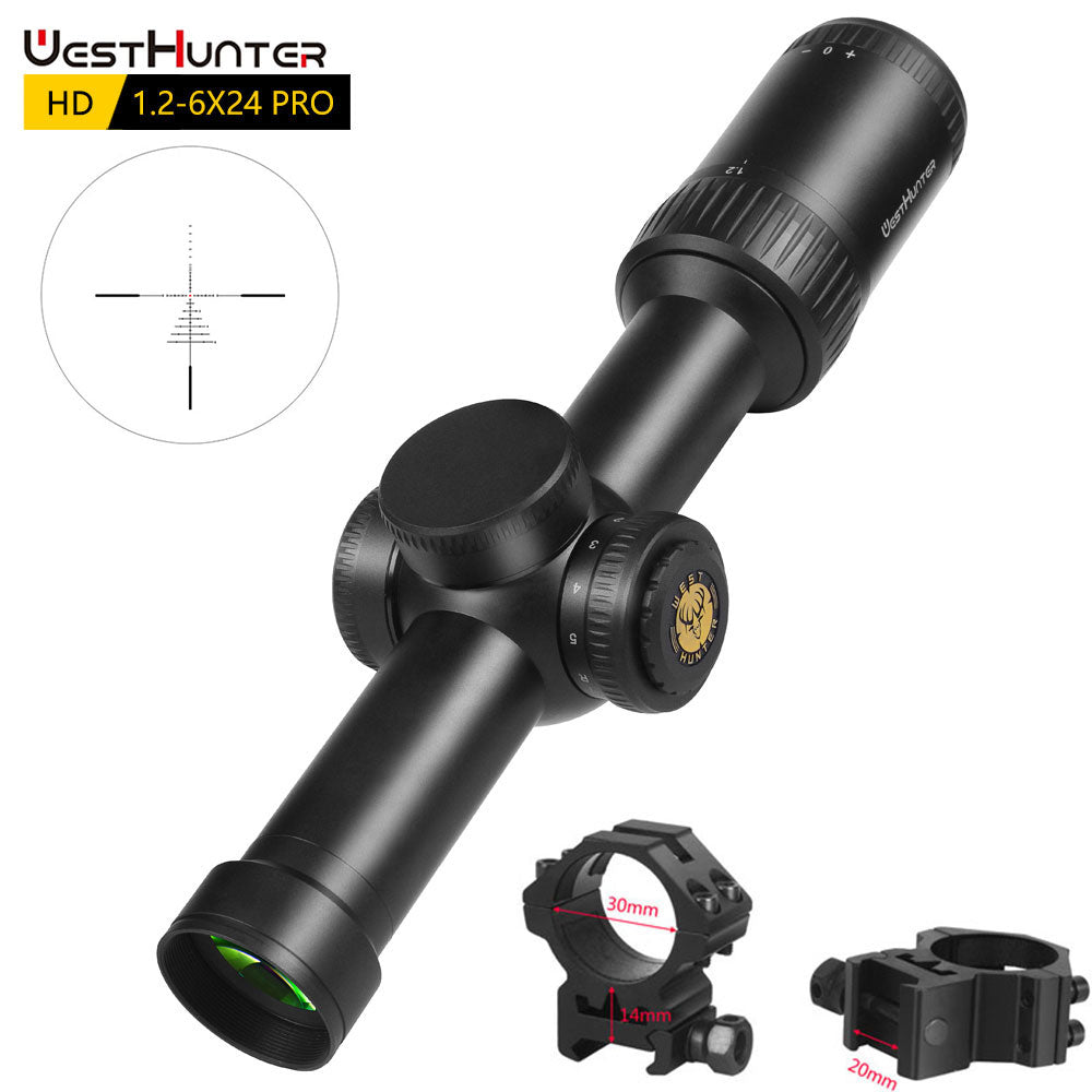Mira compacta WestHunter HD 1.2-6X24 IR Pro con retícula grabada en vidrio e iluminación roja y verde