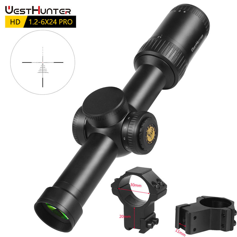 Mira compacta WestHunter HD 1.2-6X24 IR Pro con retícula grabada en vidrio e iluminación roja y verde